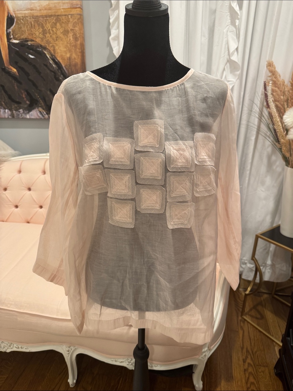 NIC+ZOE Pale Pink Sheer Blouse with Square Appliqués